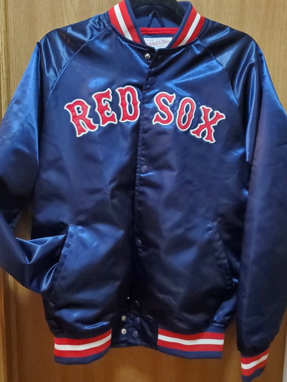 Varsity-style Red Sox bomber snap button jacket